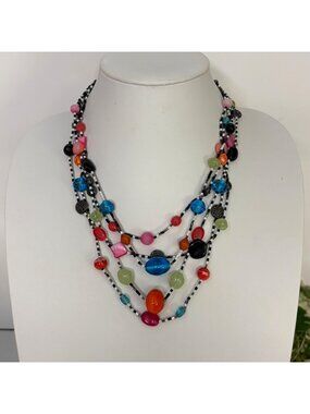 Chicos Colorful Beaded Layered Necklace Black White Statement Eclectic Artsy Fun